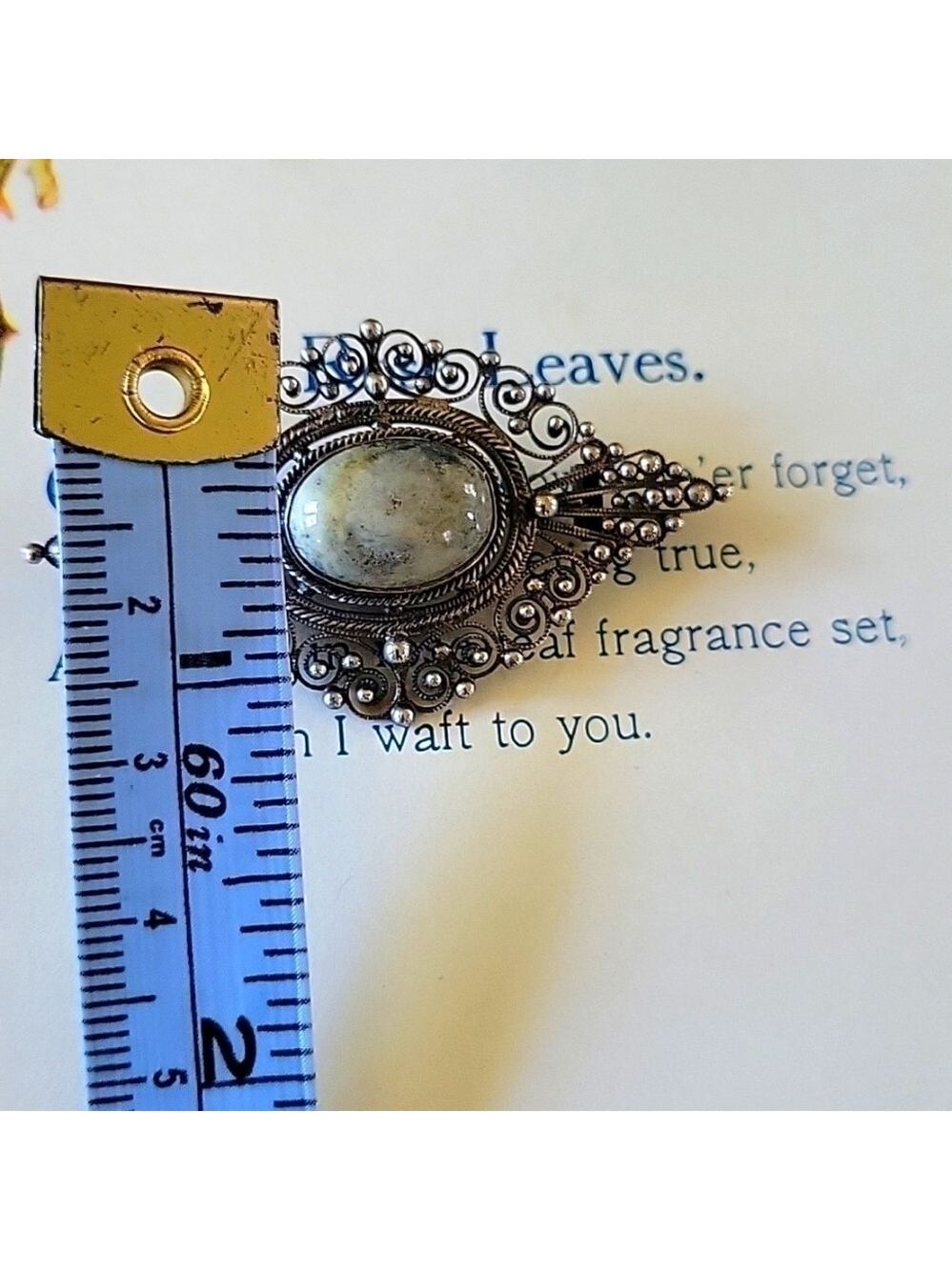 Victorian Filigree Pin Brooch with Granulation and Bezel Set Gemstone - Picture 7 of 7